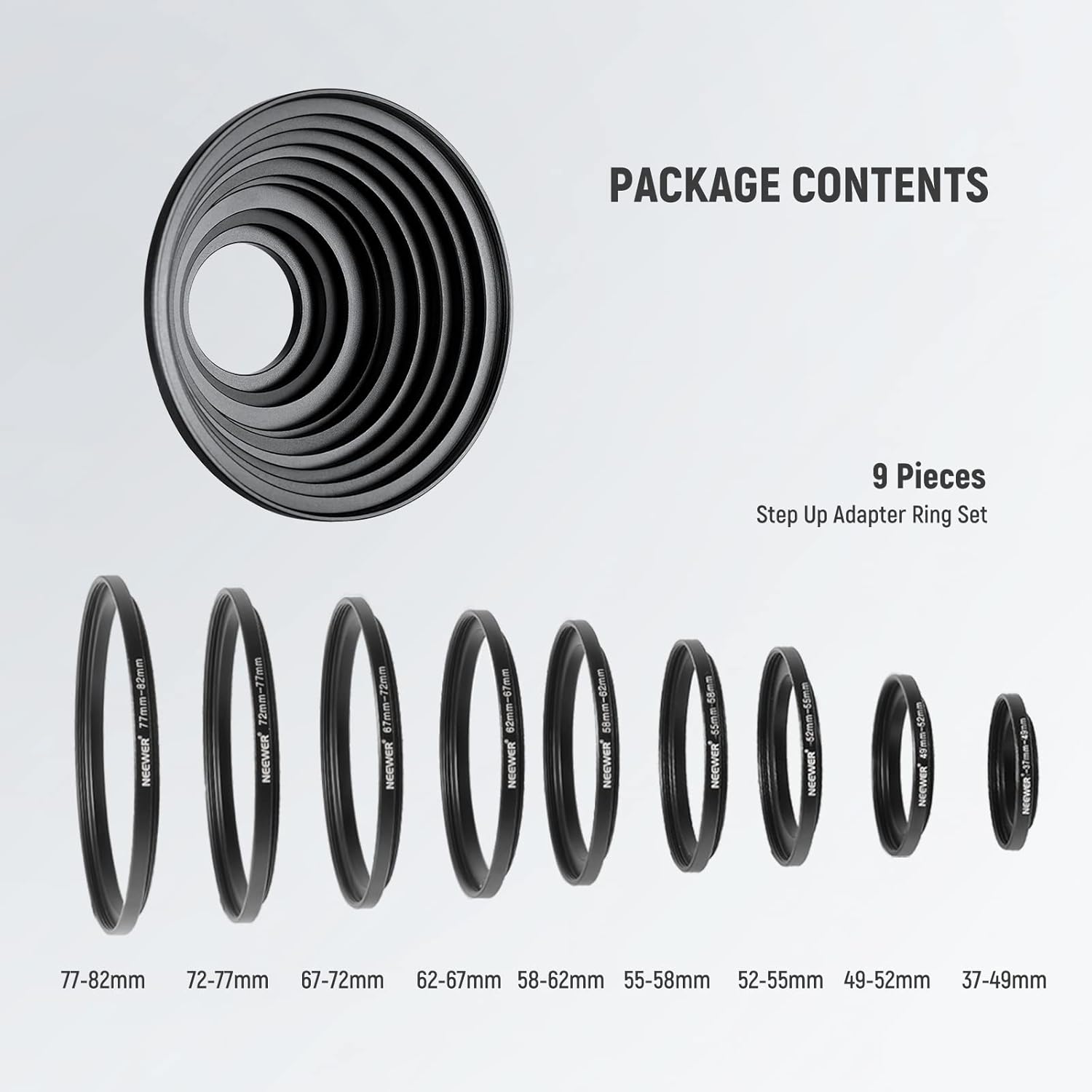 Package Contents of the NEEWER 9 Pieces Step-up Lens Filter Adapter Rings Set
