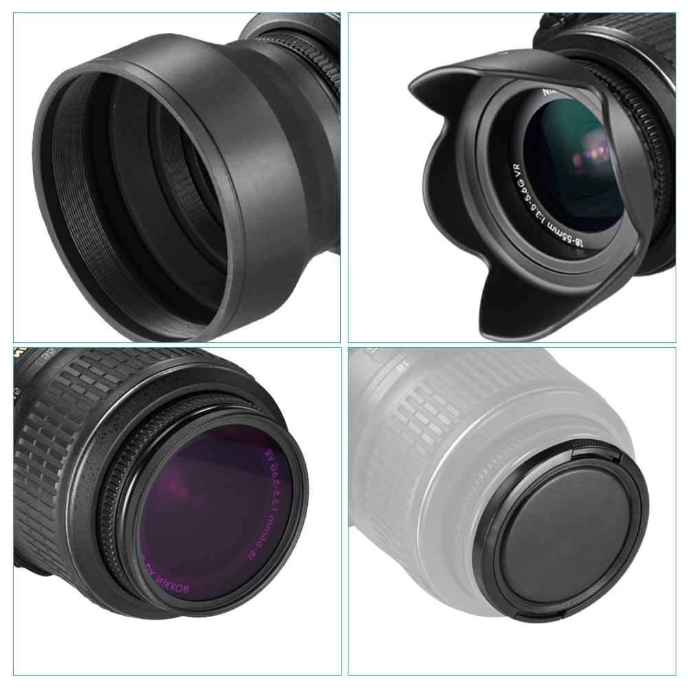 Neewer 52MM Lens Filter Kit:UV, CPL, FLD, ND2, ND4, ND8 and Lens Hood, Lens Cap for NIKON