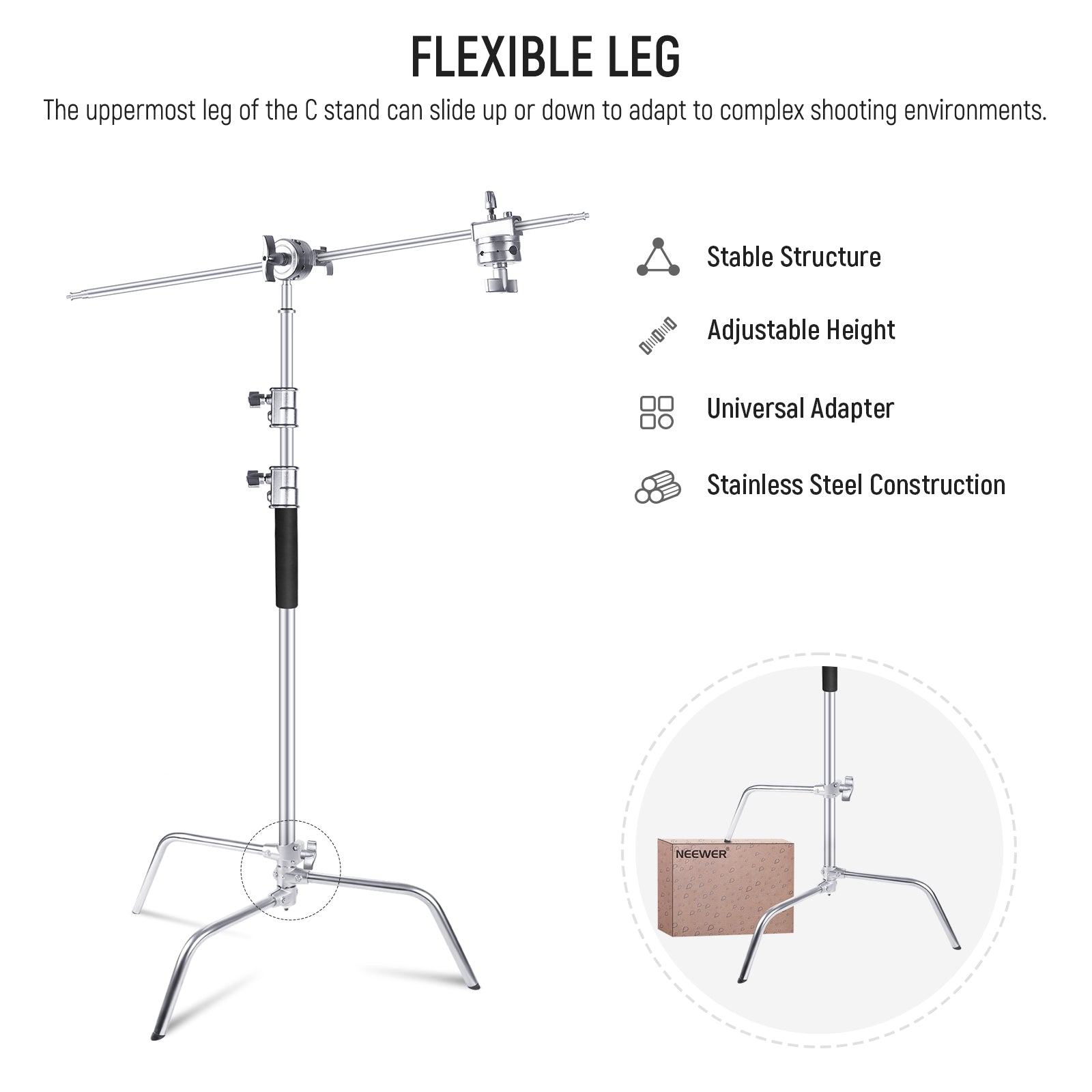 NEEWER 10.13ft/309cm Stainless Steel C Stand with Boom Arm & Sliding Legs