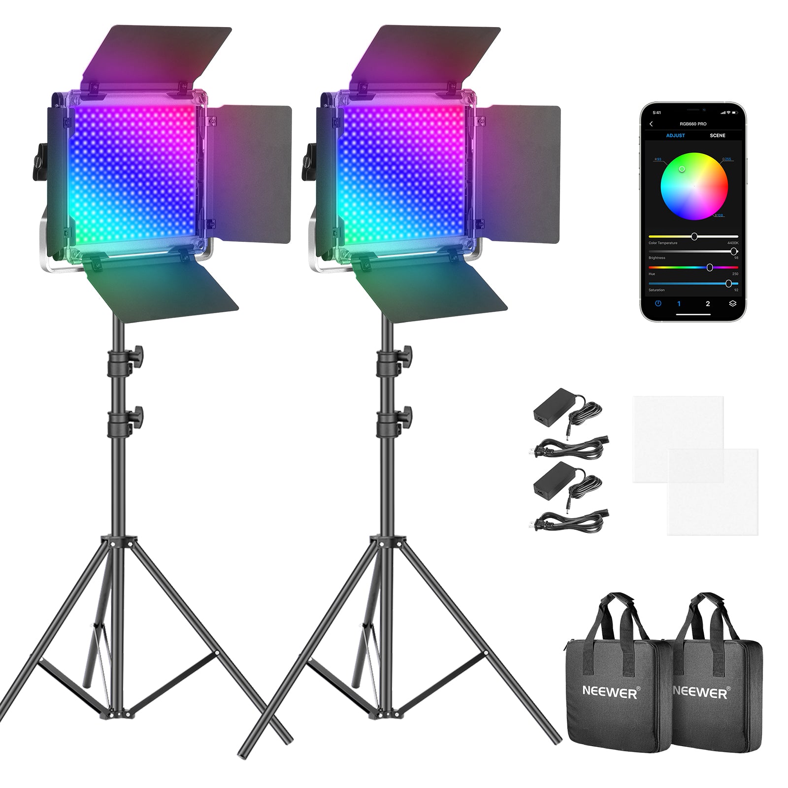 Neewer 660 RGB Led Light with APP Control, Photography Video Lighting Kit  with Stands and Bag, 660 SMD LEDs CRI95