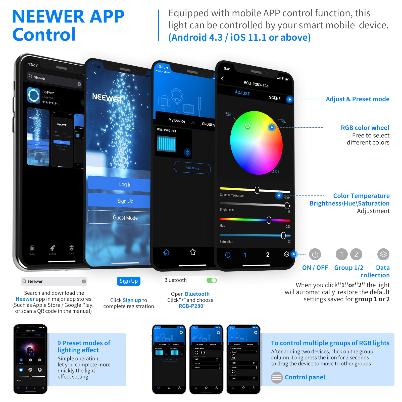 NEEWER 2 Pack P280 RGB Panel Light Kit with APP Control
