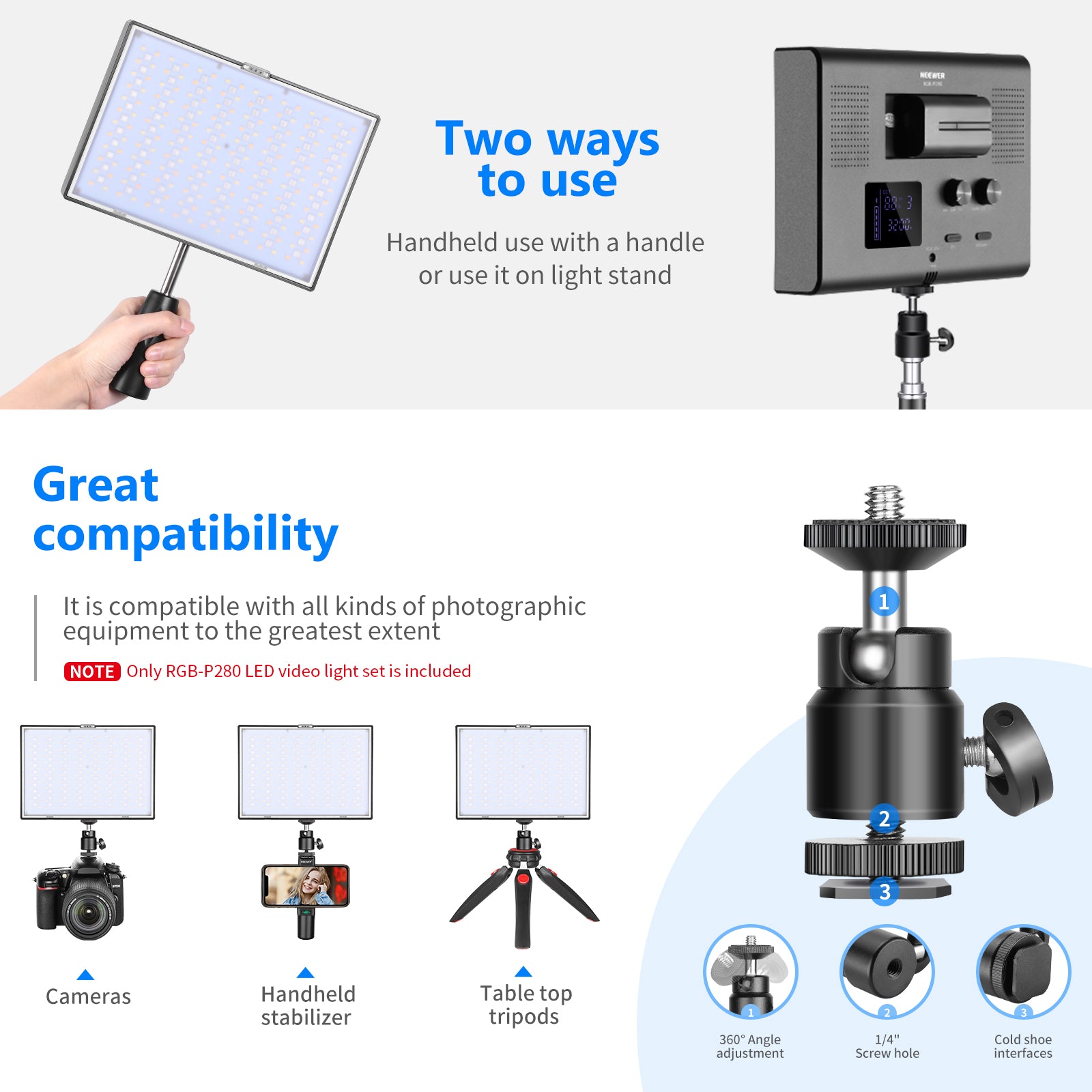 Neewer 2 Packs P280 CRI97+ RGB LED Video Light Battery Kit with APP Control