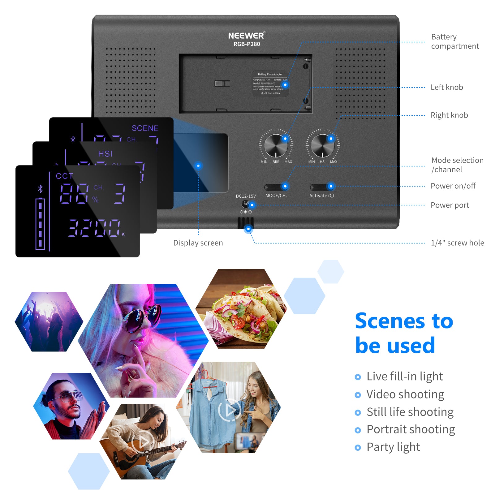 Neewer 2 Packs P280 CRI97+ RGB LED Video Light Battery Kit with APP Control