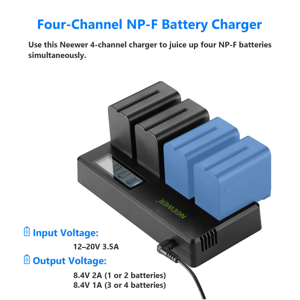 Products Neewer DP-F970 4-Channel NP-F Battery Charger with LCD Display