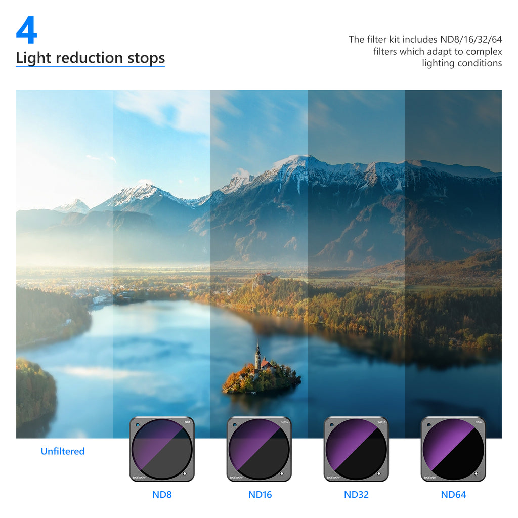 NEEWER 4-Pack Magnetic Square Camera Lens ND Filter Kit Compatible with DJI Action 2