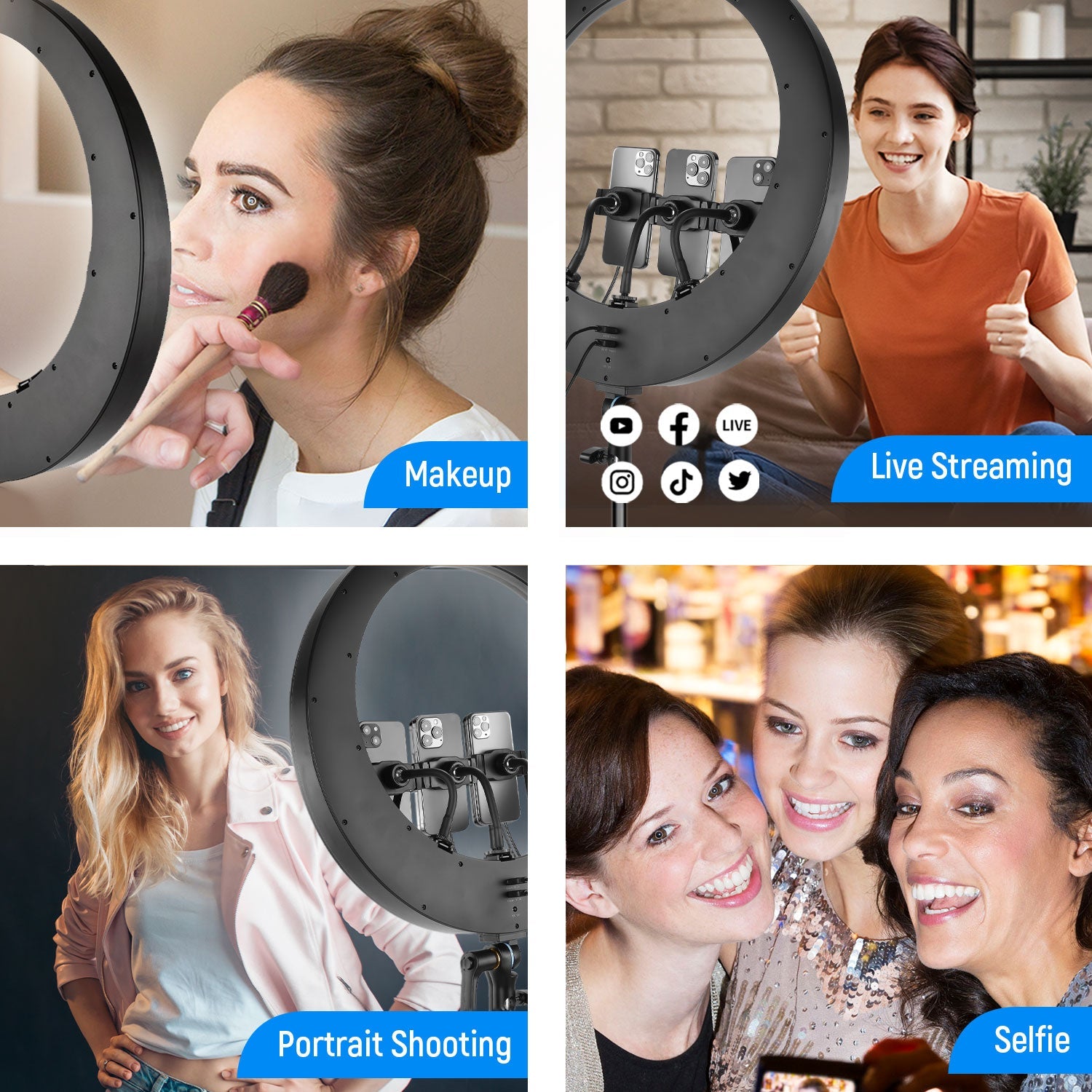 Selfie Ring Light with Phone Camera Holder Professional Live Stream - Black