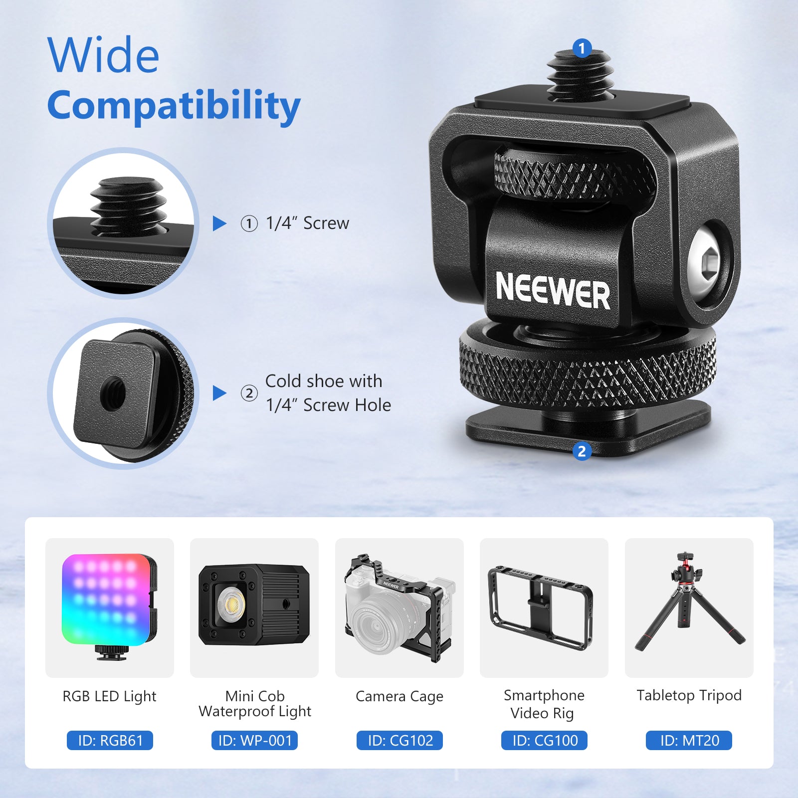 NEEWER ST37 1/4” Mini Ball Head Camera Cold Shoe Mount Adapter