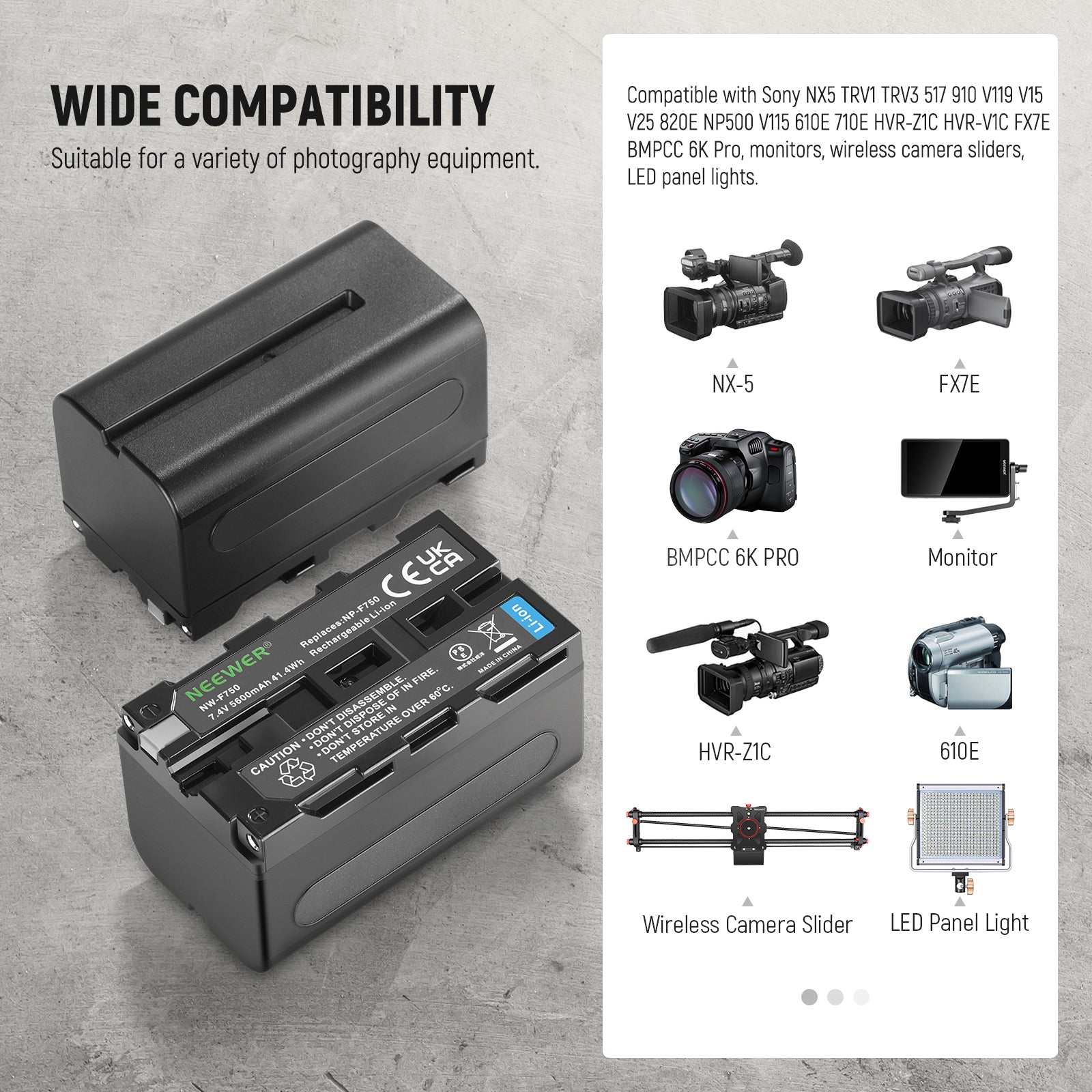 NEEWER 2Pcs NP-F750 7000mAh Replacement Batteries, 5.4Hrs Full