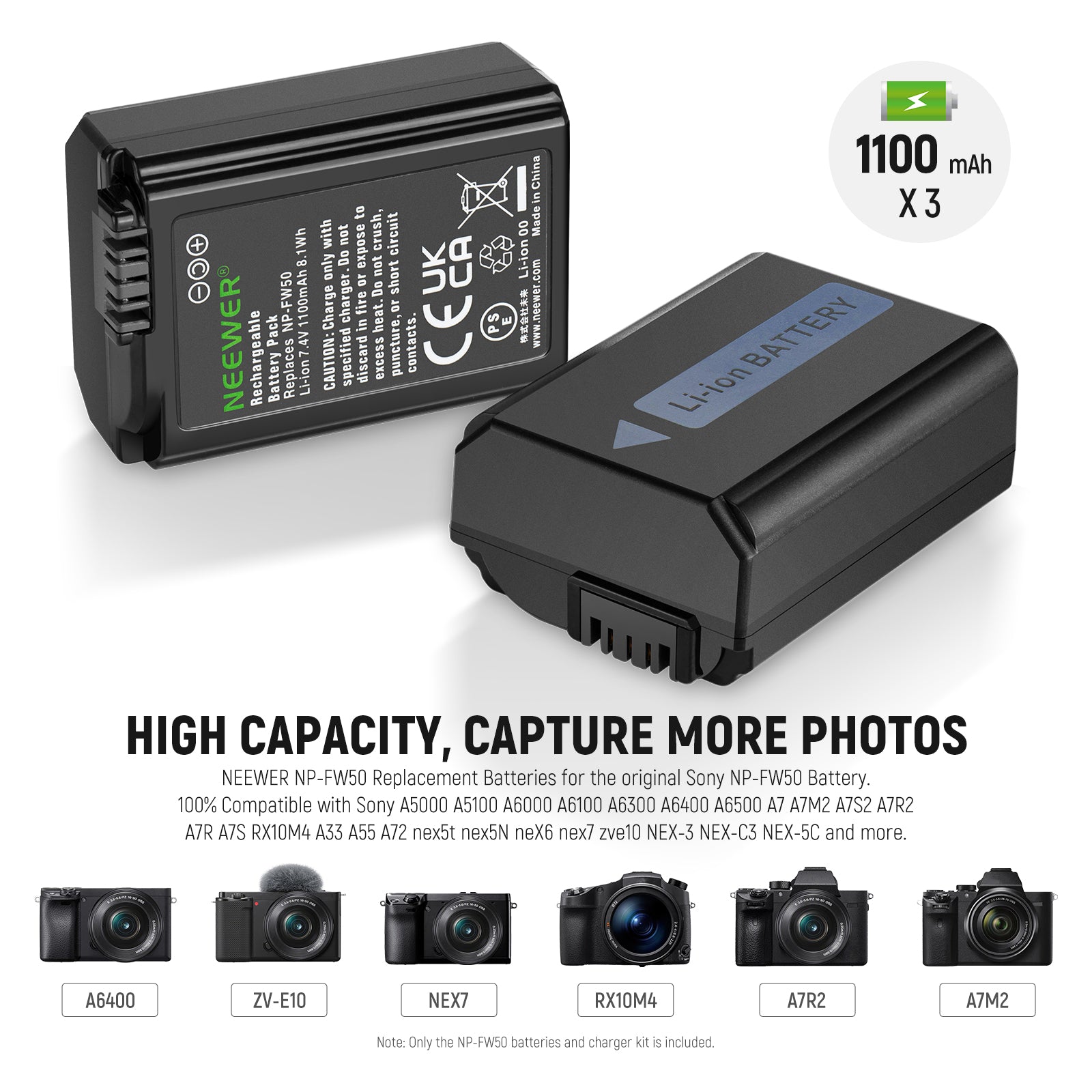 2x Batterie NP-FW50 + Double Chargeur USB - Compatible Sony ZV-E10, A7, A7R, A6300, A6400, RX10
