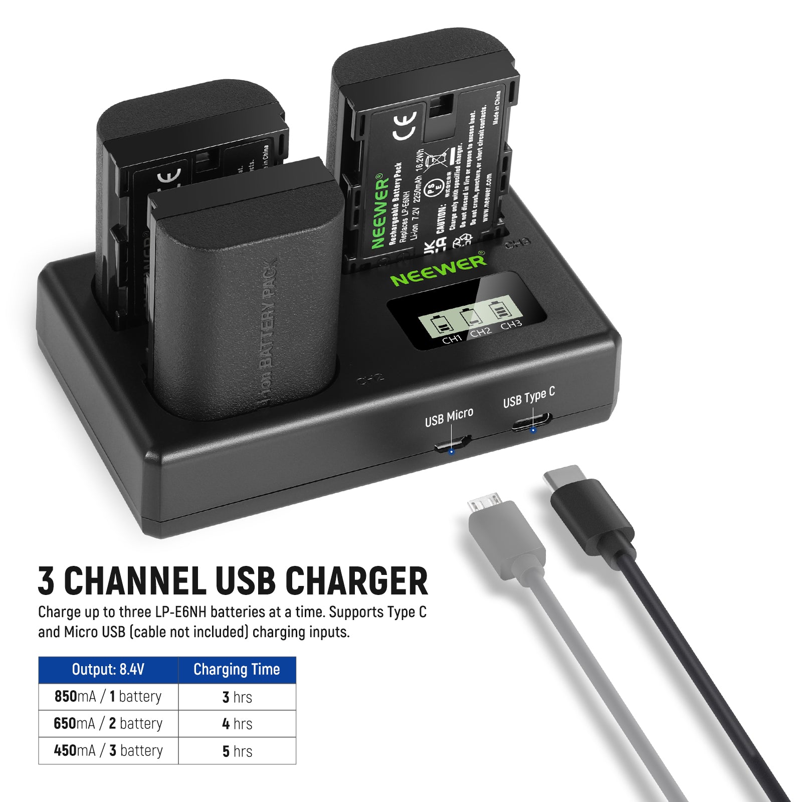 NEEWER Replacement Battery and Charger Set for Canon LP-E6NH