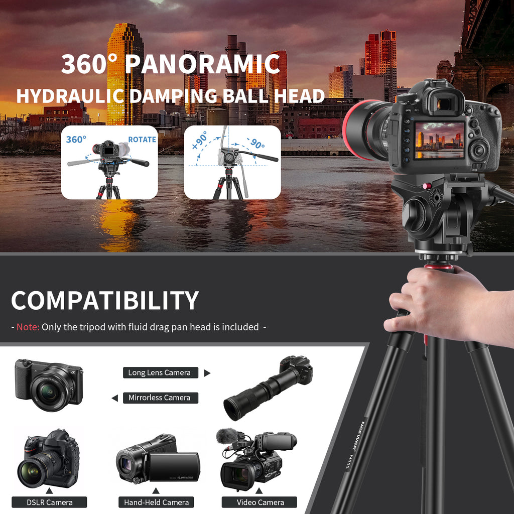 Neewer 2-in-1 Aluminum Alloy Camera Tripod Monopod 71.2"/181 cm with 1/4 and 3/8 inch Screws Fluid Drag Pan Head and Carry Bag
