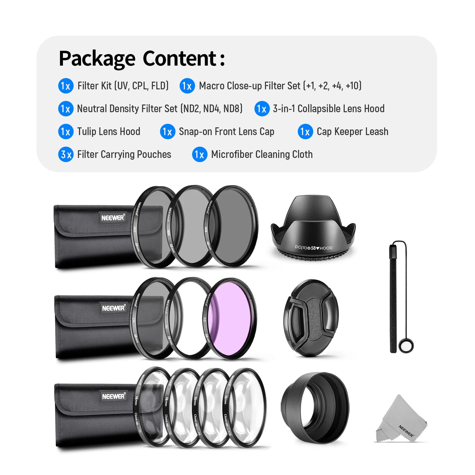 NEEWER 58MM Complete Lens Filter Accessory Kit