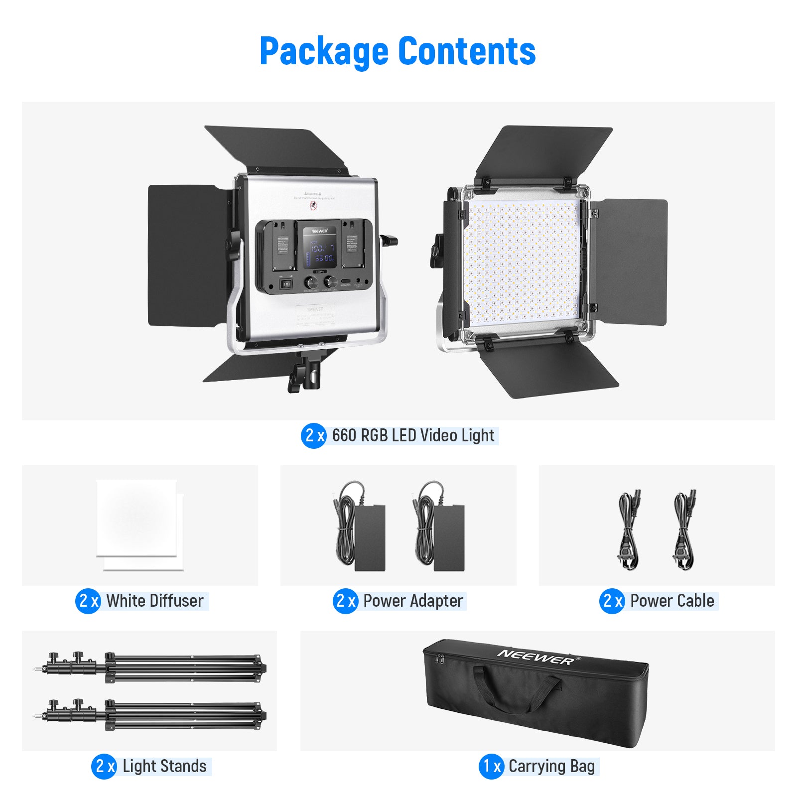 Neewer 2 Packs 660 LED Video Light avec APP Control, Kit d'Eclairage Vidéo  de Photographie avec Supports de Lumière, Batteries et Chargeurs, 45W  Dimmable Bi-Color 3200K-5600K CRI97+ pour Le Tournage - Monrespro